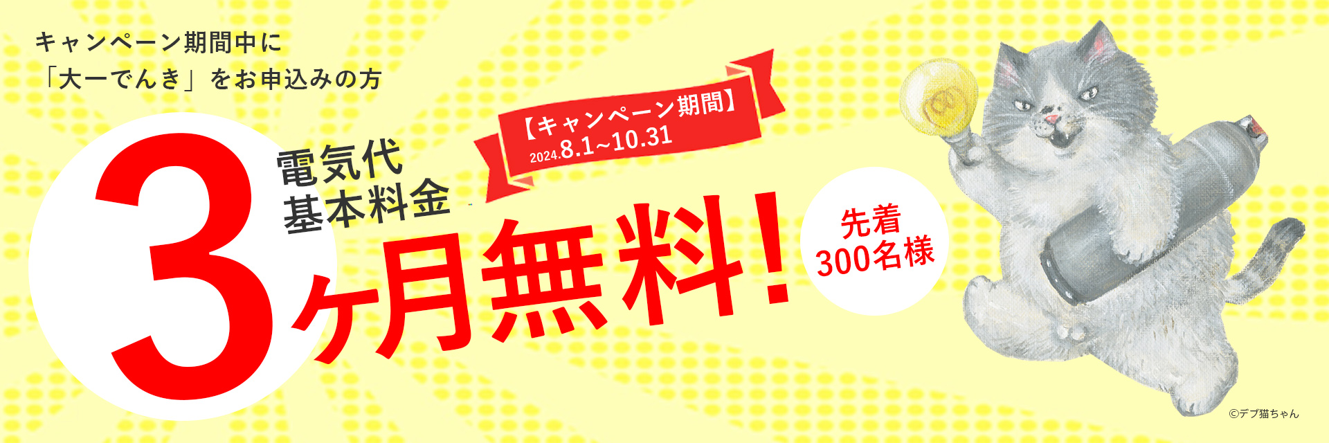 大一でんきをお申込みの方先着300名様、電気代基本料金3カ月無料